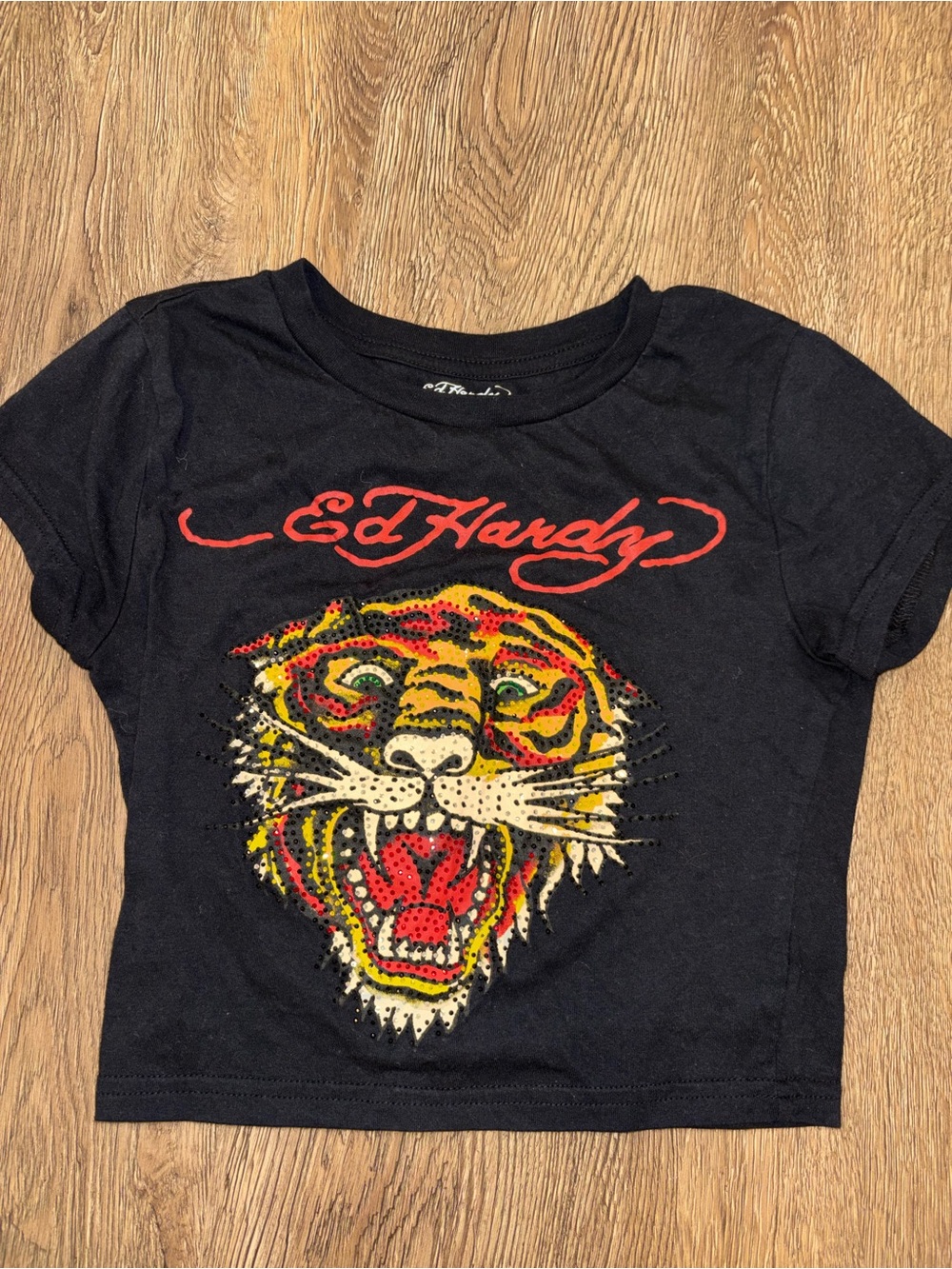 Ed Hardy Black Tee with Red Logo & Multicolor Tiger